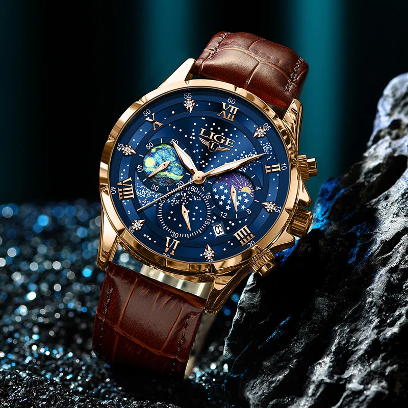 "LIGE Men's Casual Sport Watch - Luxury Waterproof, Date Display, Luminous Chronograph, Quartz Movement, Leather Strap"