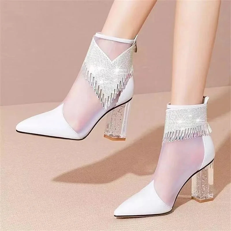 Summer Fashion Boots Women 2024 New Glitter Rhinestone Ladies Pointed Toe Chunky Heel Shoes Dress Party Female Mesh Sandals