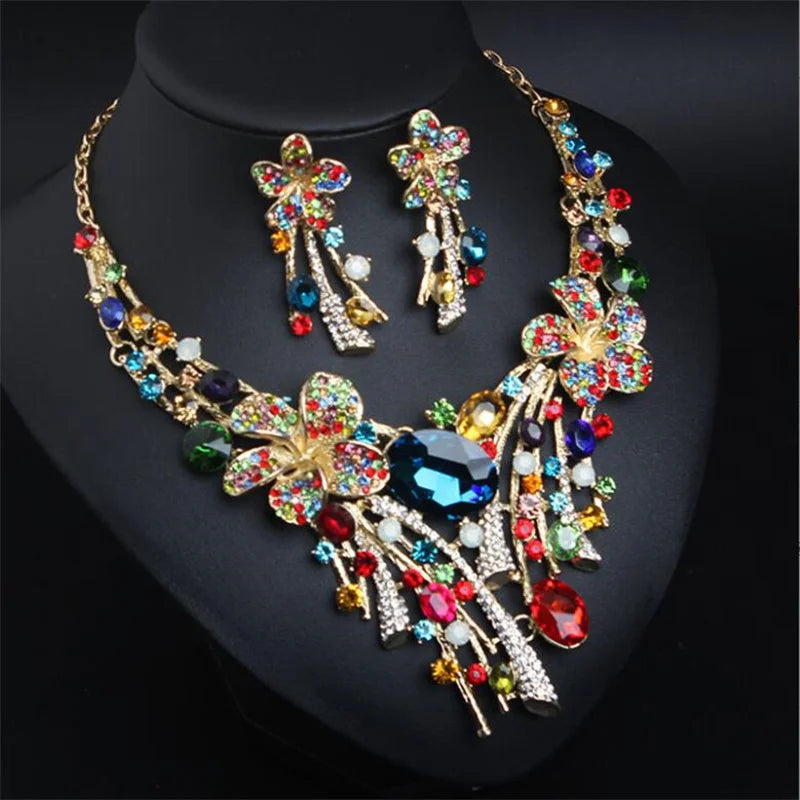 Crystal Flower Stained Glass Necklace Earring Set Wholesale Bridal Party Dress Jewelry