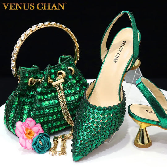 Venus Chan High Heels for Lady 2023 Luxury Designer Green Color Full Diamond Pointed Toe Shoe and Bag Set