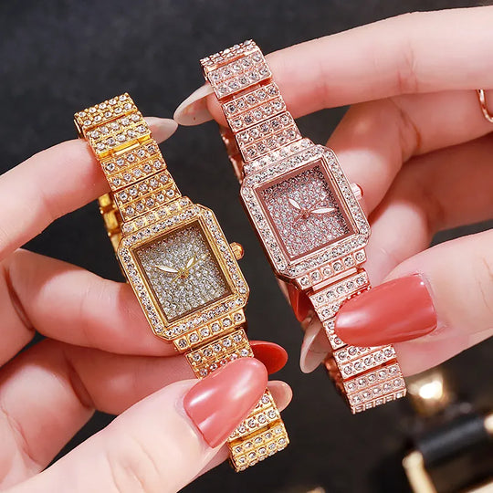 "New Women's Luxury Brand Watch - Gold Bracelet Style, Rhinestone Embellished, Elegant Ladies Timepiece, Perfect as a Gift"