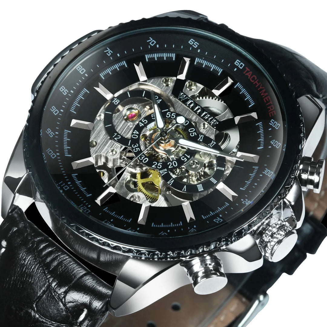 "WINNER Men's Military Watch - Sports Skeleton Automatic Mechanical, Fashionable Leather Steel Strap, Luxury Luminous Clock"