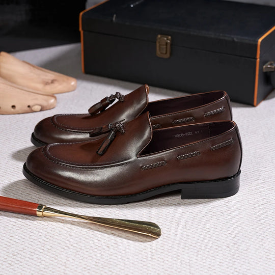 Classic Men's Tassel Loafers - Genuine Leather, Handmade Slip-On, Comfortable Casual Dress Shoes"