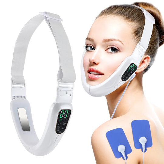 Heated EMS Microcurrent Facial Toning Device: Slimming Face Massager, Double Chin Eliminator & V-Line Lifting Belt for Jaw Sculpting