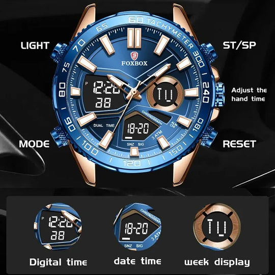 FOXBOX Dual Display Watch For Men Fashion Military Quartz Chronograph Wristwatches Top Brand Luxury Digital Watch Montre Homme