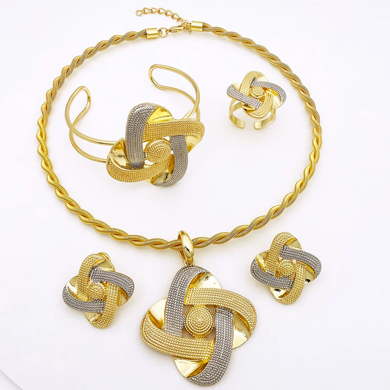 Dubai Gold Color Women Jewelry Set Quality 18k Gold Plated Jewelry Two Tone Necklace Earrings Bracelet Ring Set