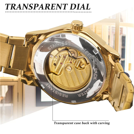 Forsining  Luxury Design Skeleton Transparent Golden Stainless Steel Men's Automatic Mechanical Watch