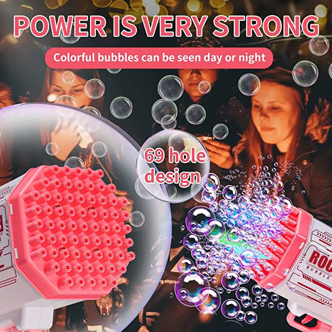 "Rocket Bubble Gun with 69 Holes: Automatic Soap Bubble Blaster with Lights - Great Gift Shaped Gun for Kids"