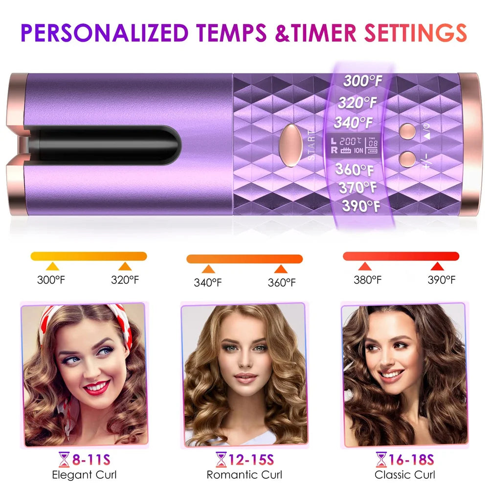 "Cordless Automatic Hair Curler: Wireless, Fast-Heating USB Rechargeable Curling Iron with Timer for Silky Curls"