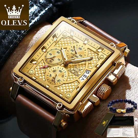 "2024 OLEVS Golden Men's Watch - Luxury Military Brand, Leather Strap, Large Gold Chronograph Wristwatch"