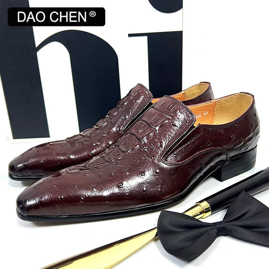 MEN'S GENUINE ITALIAN LEATHER RED WINE CROCODILE SLIP ON MEN'S DRESS SHOES