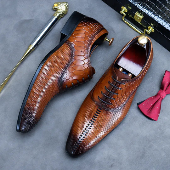 2024 Men's Luxury Dress Shoes, Brown Lace-Up, Handmade Genuine Leather, Fashionable British Styled Shoes