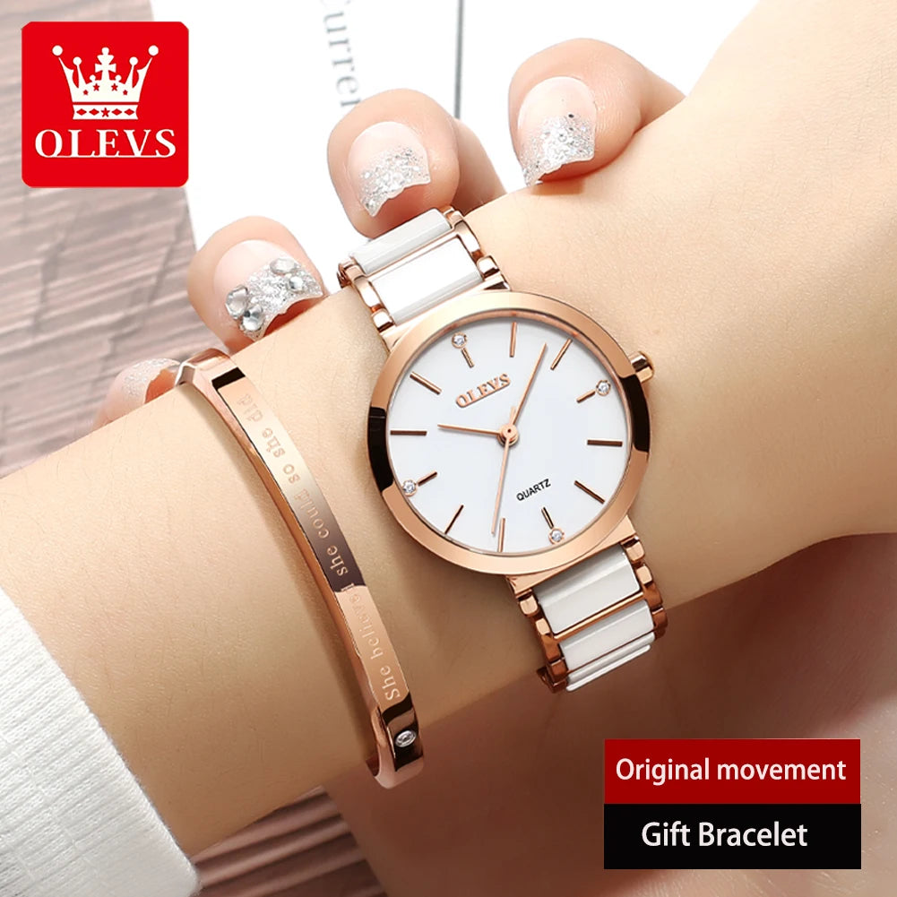 "OLEVS 5877 Women's Quartz Watch - Ceramics Watchstrap, Waterproof, Luxury Brand, Fashionable and Elegant Ladies Bracelet Design"