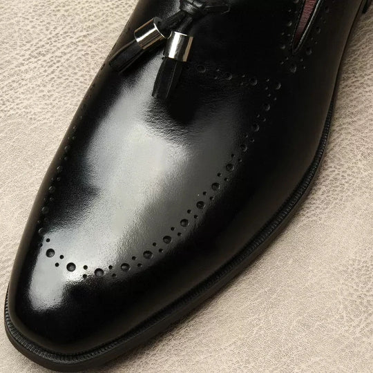 "Black Genuine Leather Tassel Loafers: Stylish Luxury Dress Shoes for Men, Perfect for Formal Events and Everyday Elegance"