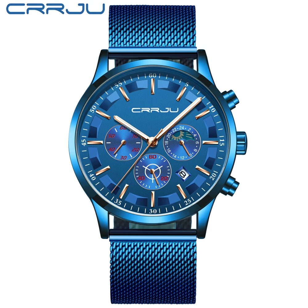 "CRRJU Men's Quartz Sport Watch - Luxury Brand, Chronograph, Waterproof, Fashionable Mesh Steel Design"