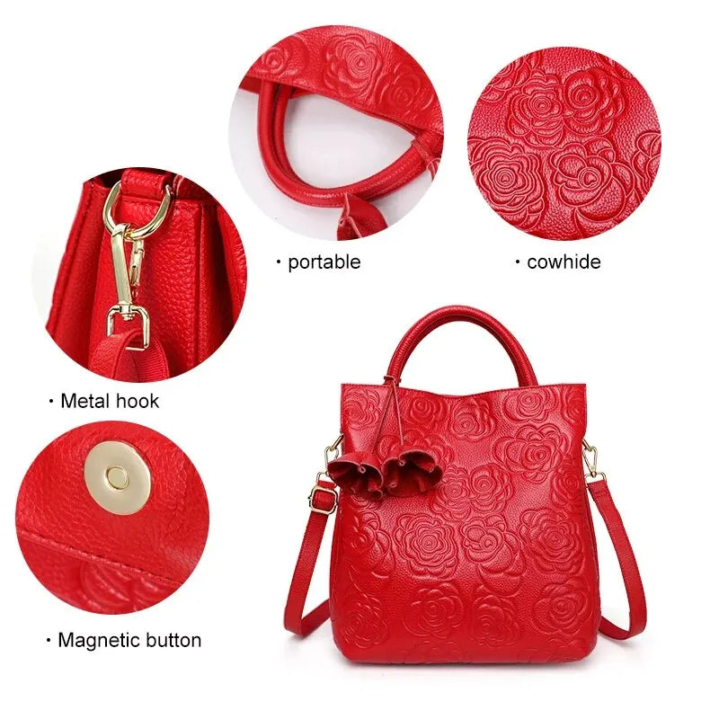 Aidrani New Women's Flower Embossed Handbag Fashionable and Trendy High Quality Cowhide Large Capacity Bucket Bag