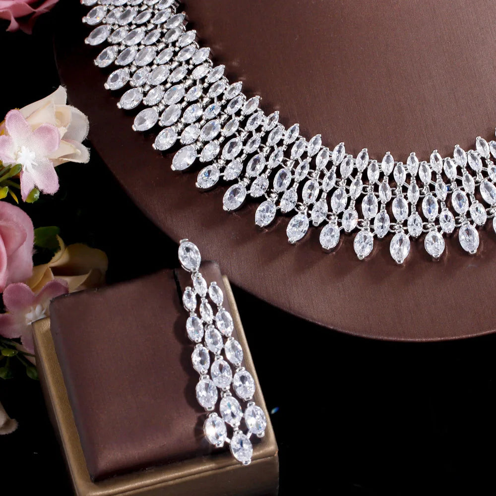 Luxury Chunky Full Cubic Zirconia Paved Dinner Party Bridal Wedding Choker Big Necklace Jewelry Sets for Women