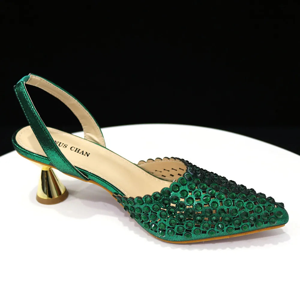 Venus Chan High Heels for Lady 2023 Luxury Designer Green Color Full Diamond Pointed Toe Shoe and Bag Set