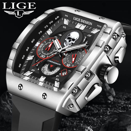 "LIGE Men's Fashion Sport Skull Watch - Top Brand Luxury, Chronograph Quartz, Waterproof Wristwatch"