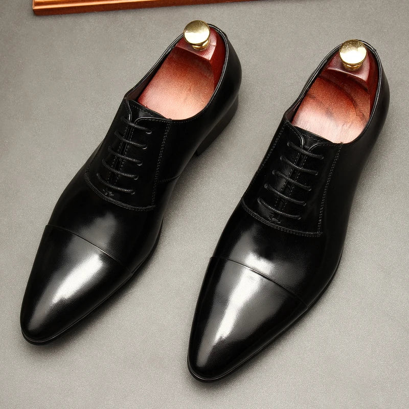 Formal Pointed Toe Oxford Dress Shoes for Men, Genuine Leather, Available in Black and Brown