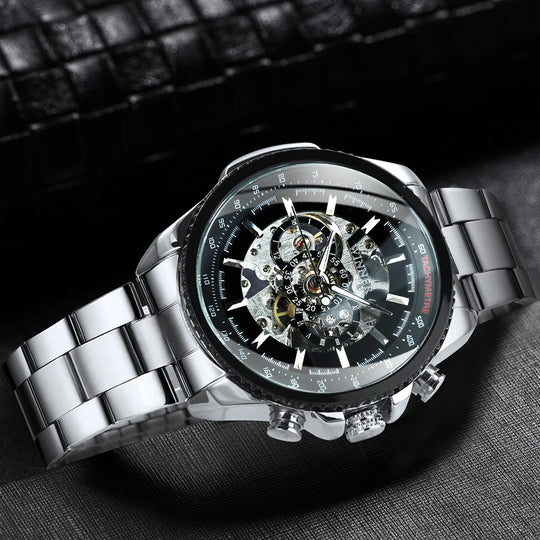 "WINNER Men's Military Watch - Sports Skeleton Automatic Mechanical, Fashionable Leather Steel Strap, Luxury Luminous Clock"