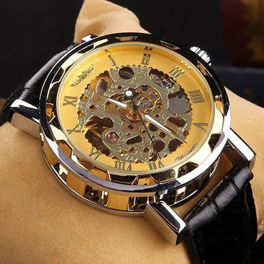 Men Mechanical Wrist Watch With Black Leather Strap 1pc Luxury Fashion Stainless Steel Skeleton Mechanical Watch For Business