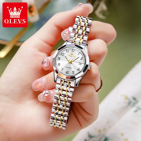 "OLEVS Women's Watch and Bracelet Gift Set - Original Brand, Stainless Steel, Waterproof, Diamond-Embellished, Elegant Ladies Quartz Wristwatch"