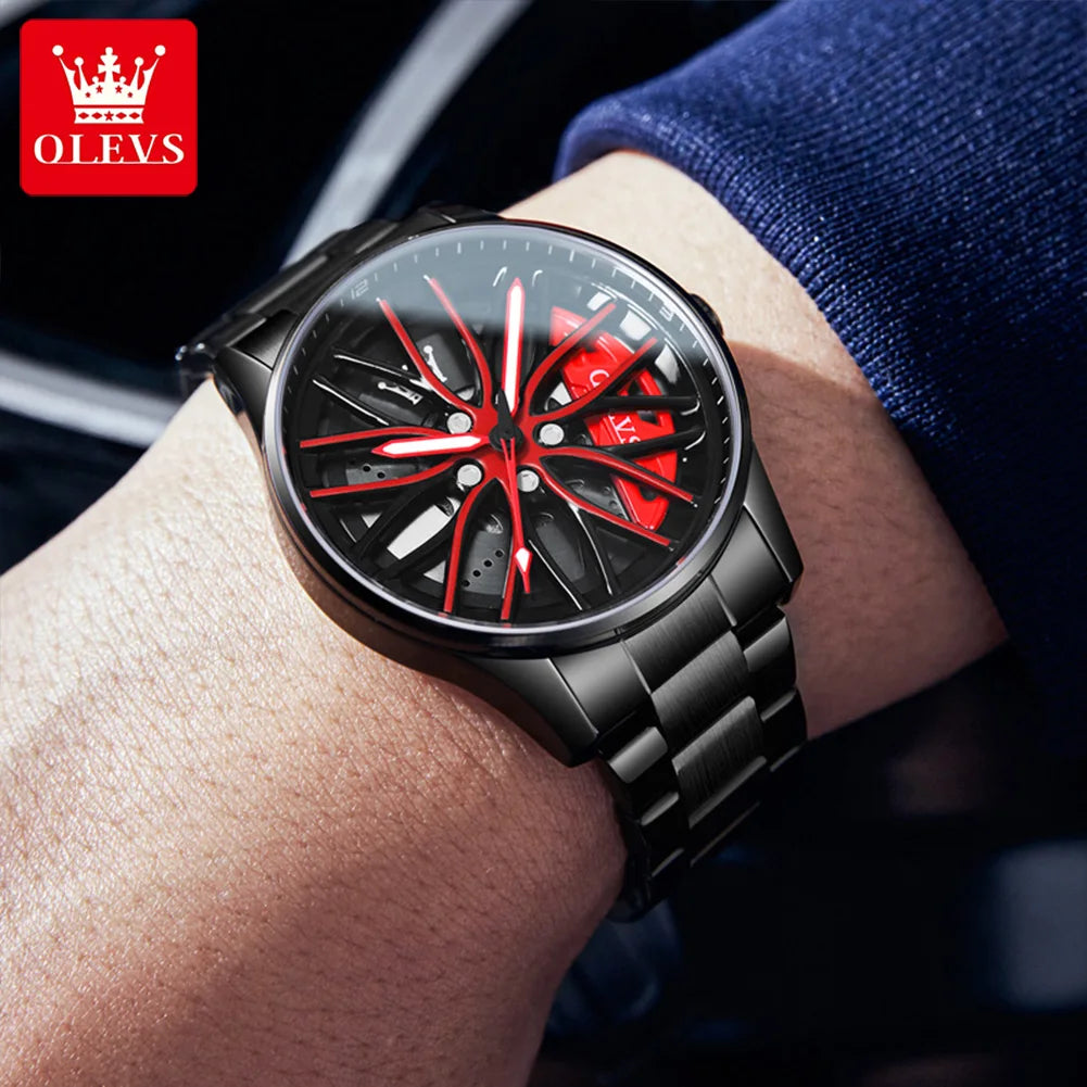 "OLEVS Men's Wheel Hub Watch - 360° Rotary Sport Car Rim Design, High-Quality Luxury Fashion, Best Selling Quartz Wristwatch"