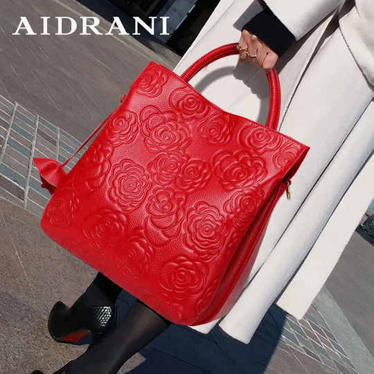 Aidrani New Women's Flower Embossed Handbag Fashionable and Trendy High Quality Cowhide Large Capacity Bucket Bag