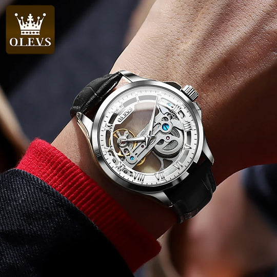 OLEVS  Automatic Mechanical Watch For Man Skeleton Flywheel Luminous Hands Waterproof Leather Strap Top Brand Luxury Gifts