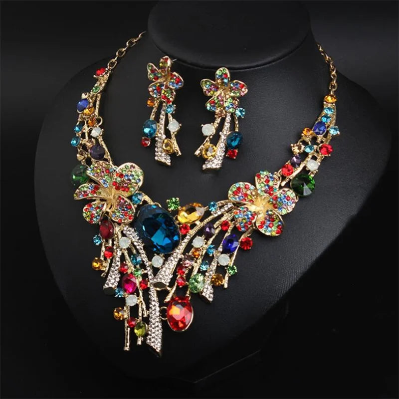 Crystal Flower Stained Glass Necklace Earring Set Wholesale Bridal Party Dress Jewelry