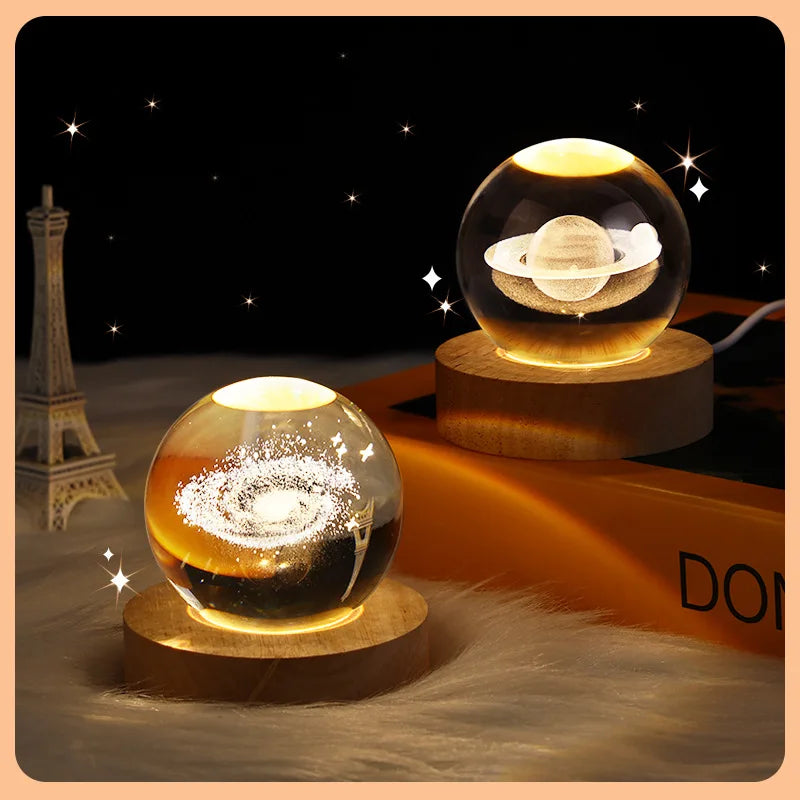 Galaxy Crystal Ball USB LED Night Light, 3D Planet and Moon Table Lamp for Bedroom, Kid-Friendly Home Decor