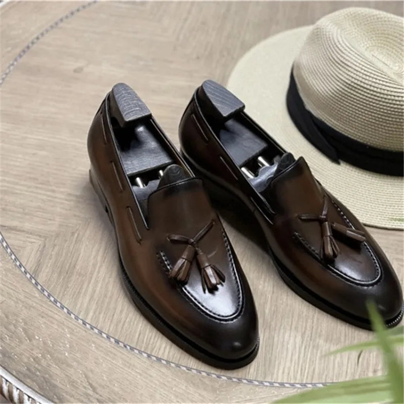 Men's Genuine Leather Tassel Loafers - Vintage Slip-on Casual Dress Shoes