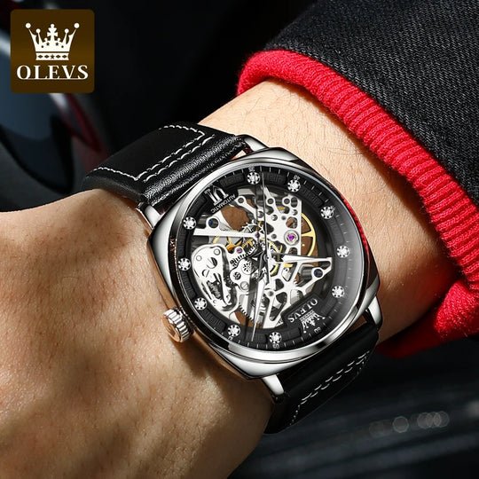 OLEVS Men's Watches Automatic Skeleton Self Winding Watches with Black Leather Band Waterproof Original Mechanical Watch for Man