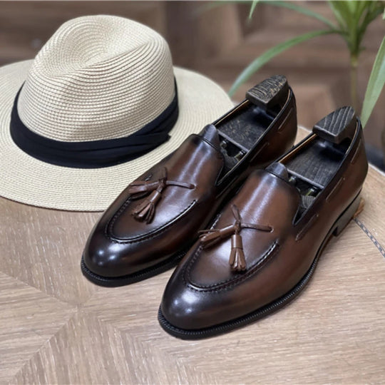 Men's Genuine Leather Tassel Loafers - Vintage Slip-on Casual Dress Shoes