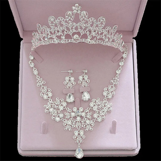 Jewelry Sets, Crown, Necklace, Earrings, Four Pack Silver Color Women's Fashion Tiaras