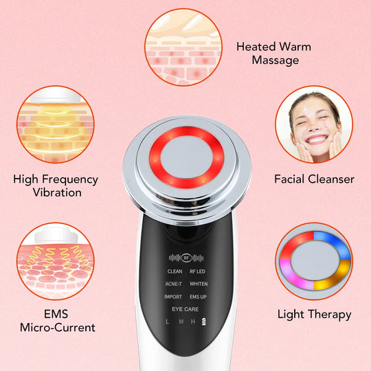 7-in-1 RF&EMS Lifting Facial Massager with LED Photon Therapy, Ultrasonic Skin Scrubber, and Peeling Shovel - Multifunctional Skincare Device