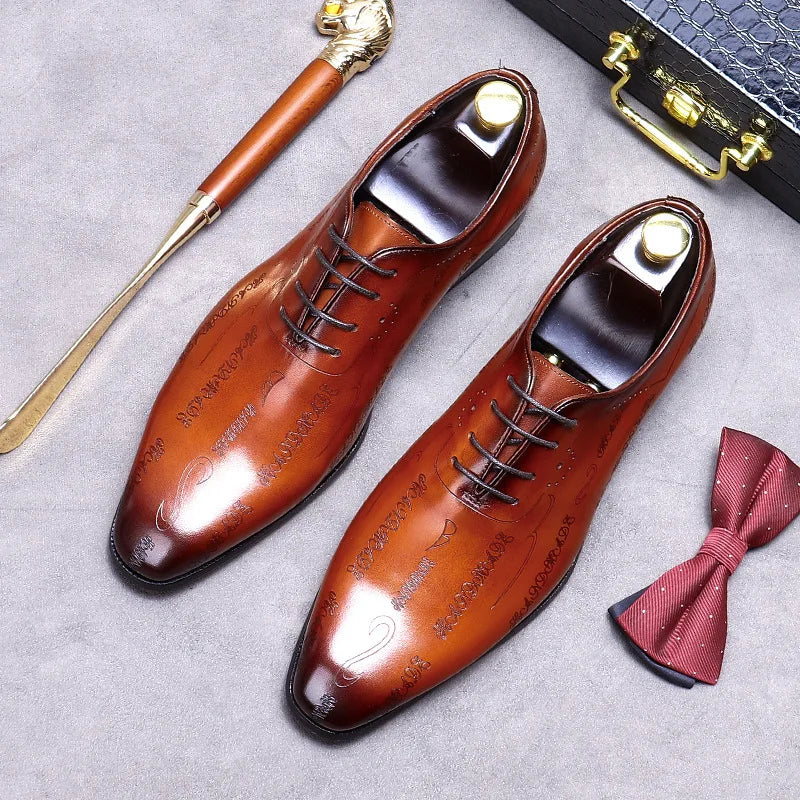 Handcrafted Men's Brown Genuine Leather Brogue Oxford Shoes, Lace-Up Business Formal Dress Shoes