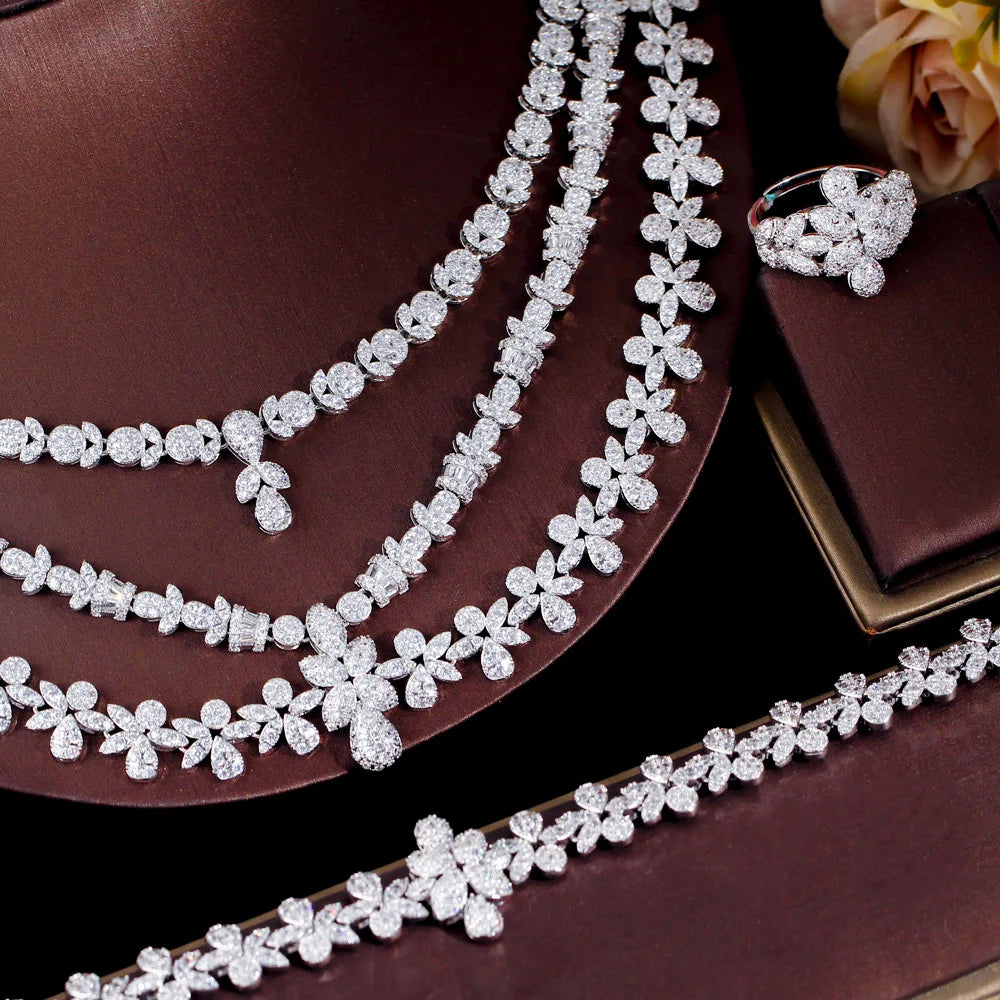 4pcs Full Luxury Multi Layered Triple Big Necklace Dubai Nigerian Wedding Jewelry Sets for Brides