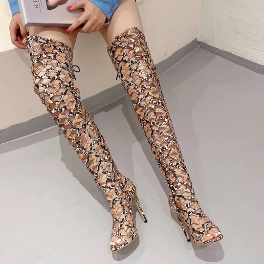 EilyKen Serpentine Hollow Out Stiletto High Heels Over The Knee Boots Woman Sexy Peep Toe Lace-up Nightclub Party Shoes