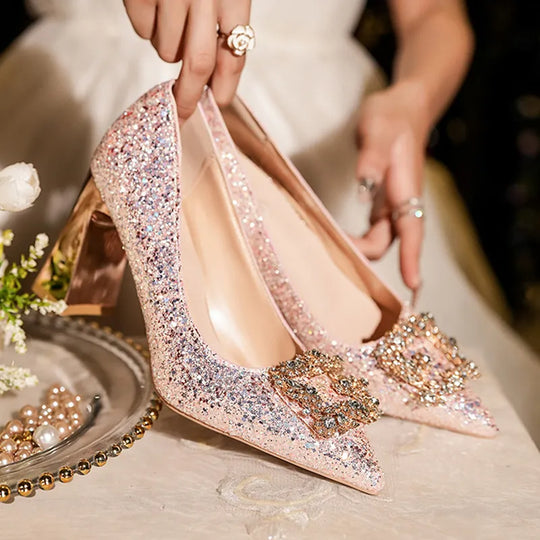 Pink Sequins Pumps Ladies Rhinestone Pointed Toe Stiletto High Heels Shoes Women Slip Shoes