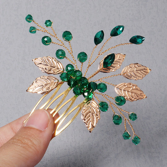 Bride Hairpins Tiaras Rhinestone Green Hair Combs For Women Fashion Beaded Golden Leaf Side Pins Bride Wedding Headpiece Jewelry