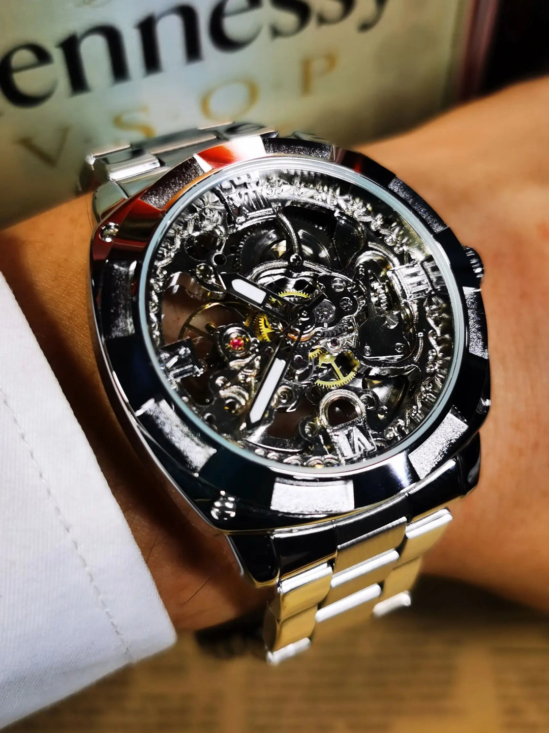 Forsining Square Skeleton Mechanical Watches Luxury Engraved Movement Retro Automatic Watch for Men Steel Strap Luminous Hands