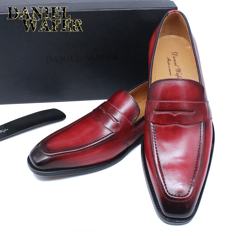 Men's Penny Loafers, Genuine Leather Slip-On, Red and Black Casual Business Dress Shoes, Fashionable Office Footwear