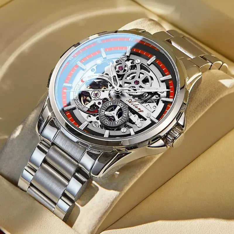 "AILANG Men's Skeleton Mechanical Watch - Stainless Steel, Waterproof, Top Brand Luxury, Sporty Automatic Wristwatch"