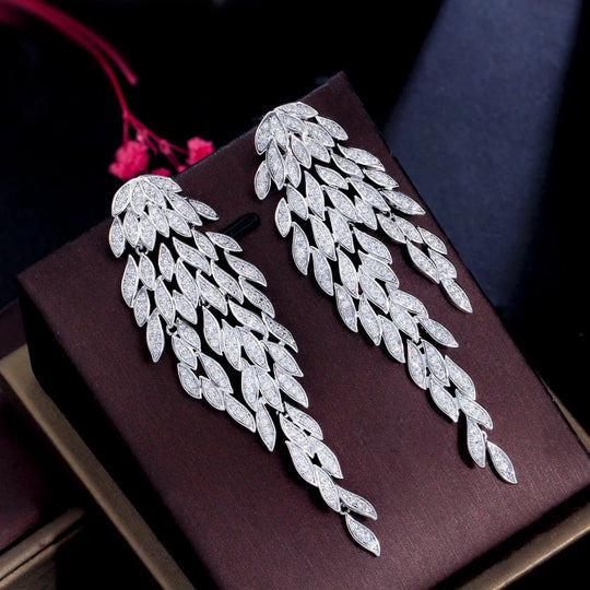 Exaggerated Luxury Big Long Tassel Feather Drop Dangle Earrings for Women Chunky Wedding Party Jewelry Gifts