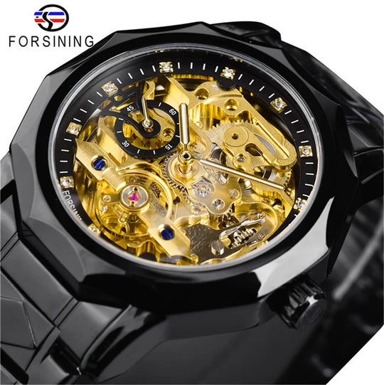 Forsining  Luxury Design Skeleton Transparent Golden Stainless Steel Men's Automatic Mechanical Watch