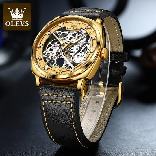 OLEVS Men's Watches Automatic Skeleton Self Winding Watches with Black Leather Band Waterproof Original Mechanical Watch for Man