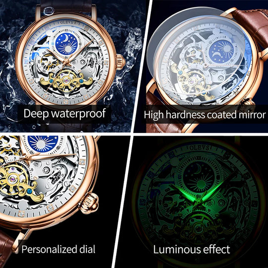 "OLEVS Luxury Men's Mechanical Watch - Moon Face, Dual Time Zone, Waterproof, Automatic Skeleton, Top Brand"