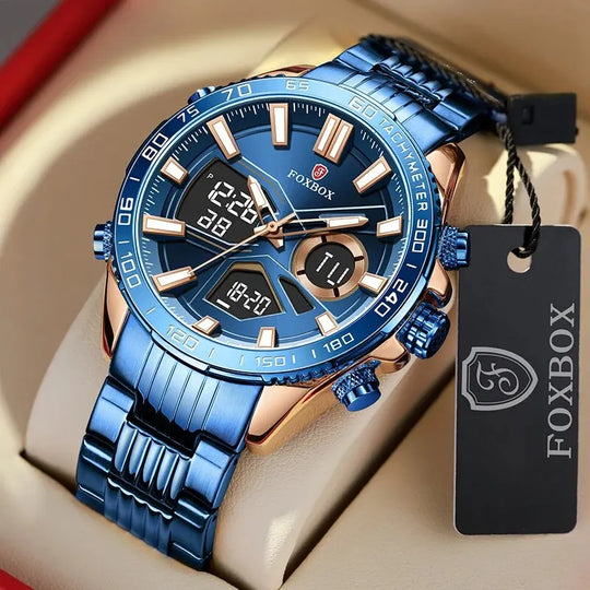 FOXBOX Dual Display Watch For Men Fashion Military Quartz Chronograph Wristwatches Top Brand Luxury Digital Watch Montre Homme